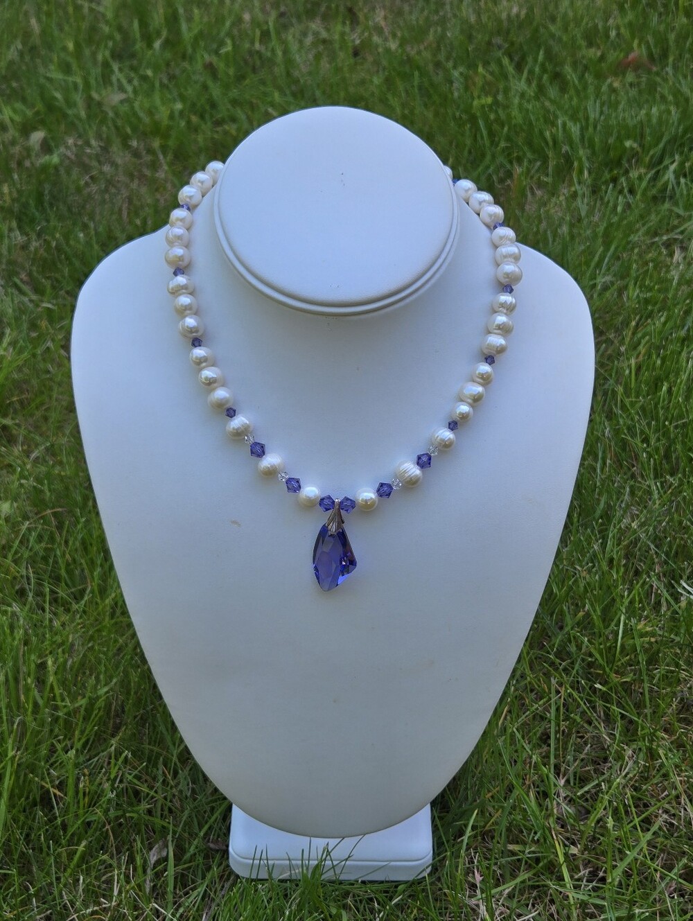 Artisan White Pearl Necklace with Blue Crystal Pendant